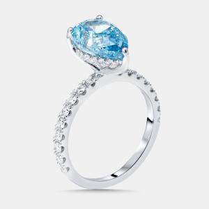 Pre Owned 3.6 cts Vivid Blue Pear, Round Lab Grown Diamonds 18k White Gold Ring Size 51