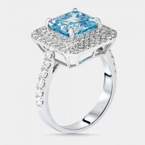 Pre Owned 3.9 cts Vivid Blue Asscher, Round Lab Grown Diamonds 18k White Gold Ring Size 52