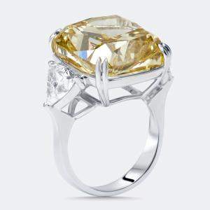 Pre Owned 22 cts Fancy Yellow Cushion, Trillion Lab Grown Diamonds 18k White Gold Ring Size 52
