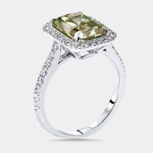 Pre Owned 3.5 cts Green Emerald Cut, Round Lab Grown Diamonds 18k White Gold Ring Size 52
