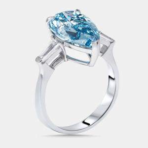 Pre Owned 5.1 cts Vivid Blue Pear, Trapazoid Lab Grown Diamonds 18k White Gold Ring Size 52