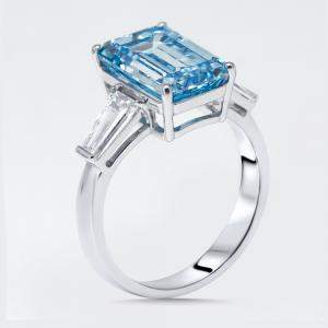 Pre Owned 5.8 cts Vivid Blue Emerald Cut, Trapezoid Lab Grown Diamonds 18k White Gold Ring Size 53