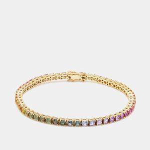 Pre Owned 16 cts Rainbow Princess Cut Gemstones 18k Yellow Gold Tennis Bracelet