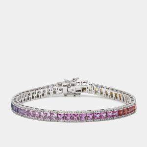 Pre Owned 9.5 cts Princess, Round Lab Grown Sapphire Diamonds 18k White Gold Bracelet