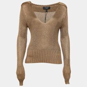 Theory Brown Roving Viscose Rib Knit Back Collar V Neck Pullover S