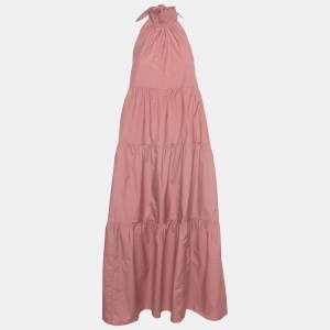 Pre Owned Theory Coral Pink Cotton Blend Halter Neck Tiered Maxi Dress S