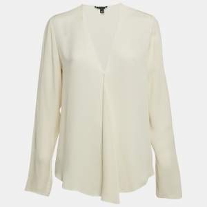 مملوكة مسبقًا Theory White Silk V-Neck Full Sleeve Top S