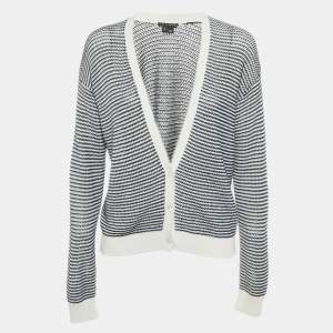 Pre Owned Theory Navy Blue/White Striped Knit Cardigan M