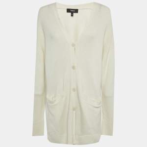 Pre Owned Theory Ivory Wool Knit Leather Patch Cardigan M