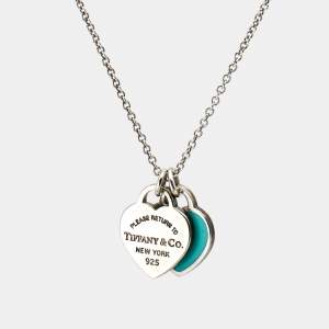 Pre Owned Tiffany & Co. Return To Tiffany Blue Enamel Double Heart Tag Sterling Silver Pendant Necklace