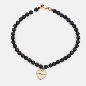 Pre Owned Tiffany & Co. Return To Tiffany Silver Heart Tag Onyx Bead Bracelet