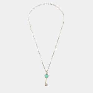 Tiffany & Co. Blue Enamel Heart Key Silver Pendant Oval Chain Link Necklace 