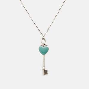 Tiffany & Co. Heart Key Blue Enamel Sterling Silver Pendant Necklace