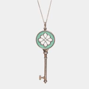 Pre Owned Tiffany & Co. Knot Key Enamel Silver Pendant Oval Chain Link Necklace 