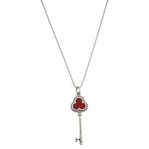 Pre Owned Tiffany & Co. Trefoil Red Enamel Key Pendant Silver Necklace