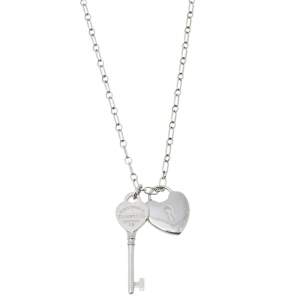Pre Owned Tiffany & Co. Sterling Silver Heart Lock & Key Charm Pendant Necklace
