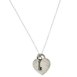 Pre Owned Tiffany & Co. Sterling Silver Heart Tag with Key Pendant Necklace
