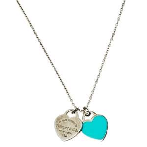Pre Owned Tiffany & Co. Return To Tiffany Blue Enamel Double Heart Tag Pendant Necklace