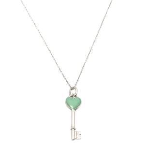 Pre Owned Tiffany & Co. Sterling Silver Enamel Heart Key Pendant Necklace