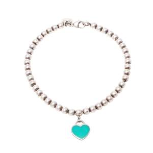 Pre Owned Tiffany & Co. Return To Tiffany Blue Enamel Heart Tag Silver Bead Bracelet 