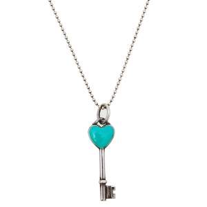 Pre Owned Tiffany & Co. Sterling Silver Blue Enamel Heart Key Pendant Necklace