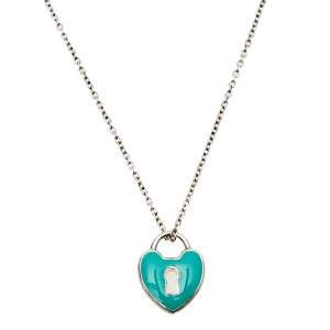 Pre Owned Tiffany & Co. Sterling Silver Blue Enamel Keyhole Lock Heart Pendant Necklace