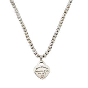Pre Owned Tiffany & Co. Return To Tiffany Sterling Silver Heart Pendant Beaded Necklace 