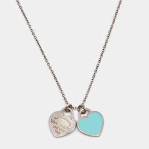 Pre Owned Tiffany & Co. Return To Tiffany Blue Enamel Double Heart Tag Pendant Necklace