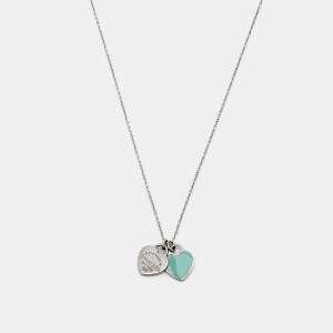 Pre Owned Tiffany & Co. Return to Tiffany Blue Enamel Sterling Silver Heart Tag Pendant Necklace
