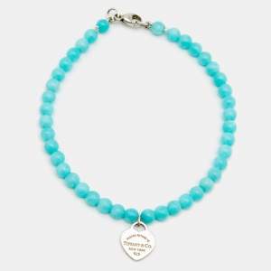 Pre Owned Tiffany & Co. Return To Tiffany Mini Heart Tag Silver Amazonite Bead Bracelet