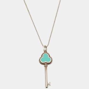 Pre Owned Tiffany & Co. Trefoil Blue Enamel Key Sterling Silver Pendant Necklace
