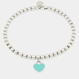 Pre Owned Tiffany & Co. Return to Tiffany Blue Enamel Heart Tag Silver Bead Bracelet