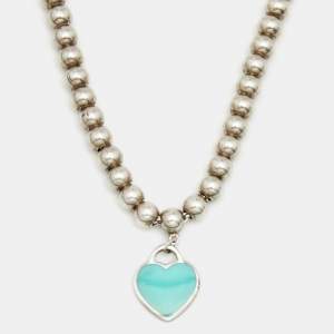 Pre Owned Tiffany & Co. Sterling Silver Return To Tiffany Blue Enamel Heart Tag Bead Necklace