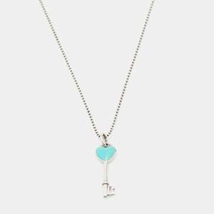 Pre Owned Tiffany & Co. Sterling Silver Blue Enamel Heart Key Pendant Necklace