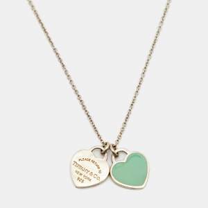 Pre Owned Tiffany & Co. Return to Tiffany Blue Enamel Sterling Silver Heart Tag Pendant Necklace