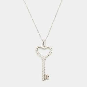 Pre Owned Tiffany & Co. Sterling Silver Twisted Heart Key Pendant Necklace