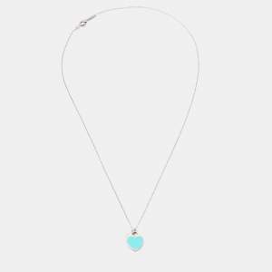 Pre Owned Tiffany & Co. Return to Tiffany Blue Enamel Sterling Silver Double Heart Tag Pendant Necklace