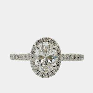 Pre Owned Tiffany & Co. Soleste Platinum Oval Diamond 0.60 Ct Halo Engagement Ring EU 49