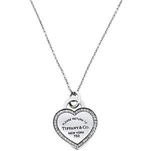 Pre Owned Tiffany & Co. Please Return to Tiffany Diamond 18k White Gold Heart Tag Pendant Necklace