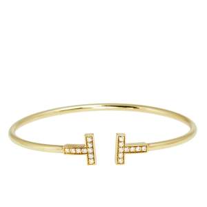 Pre Owned Tiffany & Co. T Wire Diamond 18k Yellow Gold Open Cuff Bracelet
