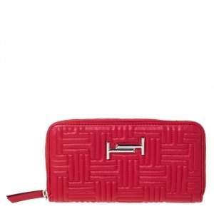 Tod's Red Leather Zip Around Continental Wallet