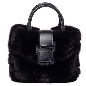 مملوكة مسبقًا Tod's Black Mink Fur and Leather Double T Flap Tote