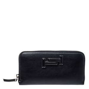 Pre Owned Tod's Black Leather Double T Zip Around Continental Wallet