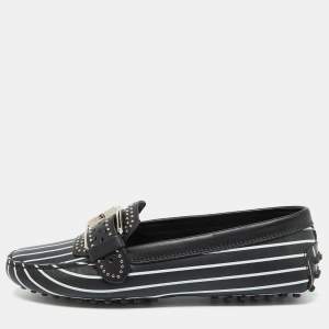 Tod's Black/White Striped Leather Embellished Slip On Loafers Size 37