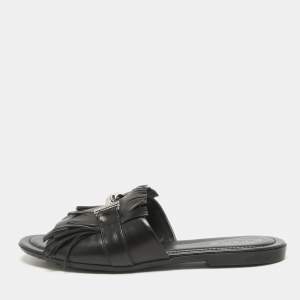 Tod's Black Leather Fringed Double T Buckle Flat Slides Size 40