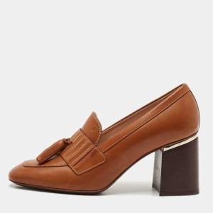 Tod's Brown Leather Tassel Block Heel Loafer Pumps Size 38.5