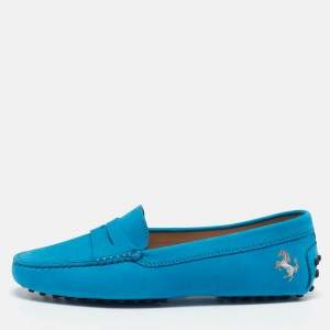 Tod's For Ferrari Blue Nubuck Leather Penny Loafers Size 36