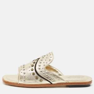 Tod's Gold Leather Studded Embellished Flat Slides Size 37.5
