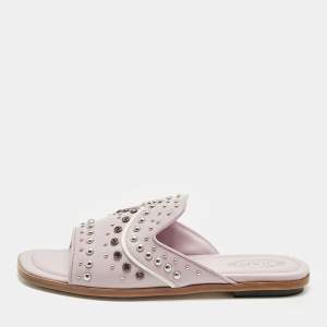 Pre Owned Tod's Lilac Leather Crystal Embellished Flat Slides Size 37.5