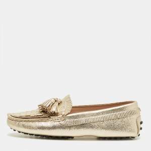 Pre Owned Tod's Gold Leather Tassel Bow Fringe Driver Loafers Size 36